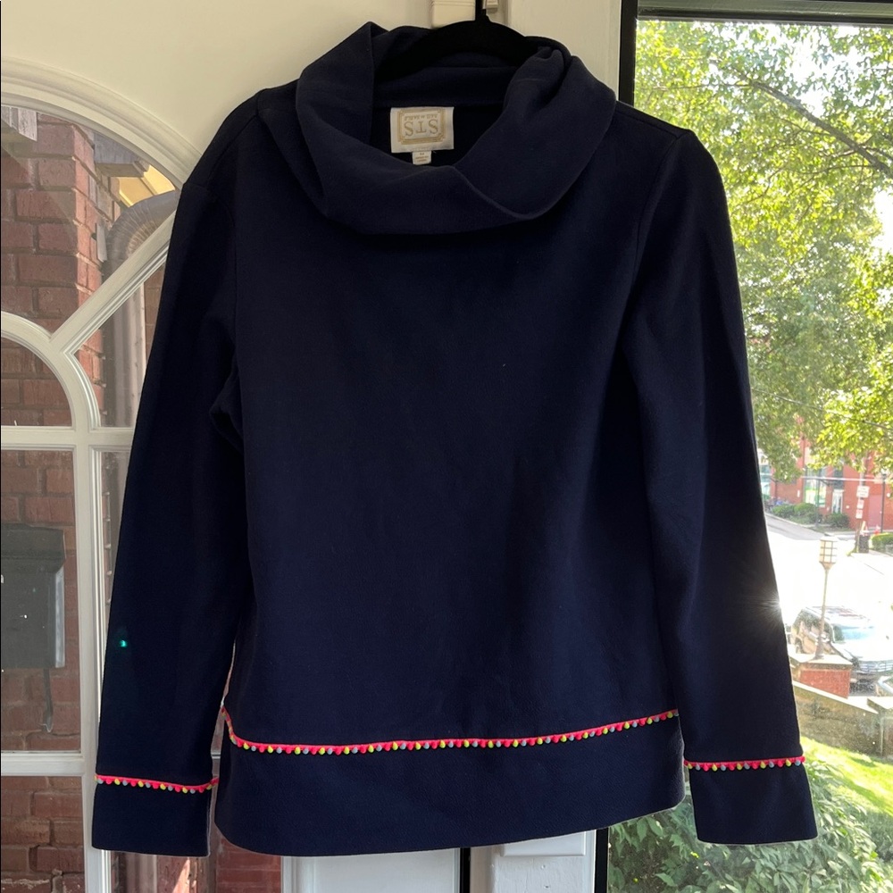 Sail to Sable Navy Sweater with Vibrant Pom Pom Trim
